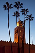 Minaret of the Koutoubia Mosque at dusk, Marrakesh, Morocco, North Africa, Africa