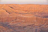 Aerial view from hot air balloon of Hatshepsut's Mortuary Temple at sunrise, Deir el-Bahri, Thebes, UNESCO World Heritage Site, Egypt, North Africa, Africa