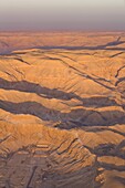 Aerial view from hot air balloon of Hatshepsut's Mortuary Temple at Deir el-Bahri, and the Valley of the Kings at sunrise, Thebes, UNESCO World Heritage Site, Egypt, North Africa, Africa
