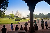Taj Mahal, UNESCO World Heritage Site, viewed through decorative stone archway, Agra, Uttar Pradesh state, India, Asia