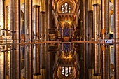 The beautiful nave and font of Salisbury cathedral, Wiltshire, England, United Kingdom, Europe