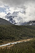 Snow-covered mountains among the clouds above an evergreen forest, Banff National Park, UNESCO World Heritage Site, Alberta, Canada, North America