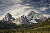 Alpine scene in the fall with Smutts Creek, Commonwealth Peak on left, Pigs Tail (Sharks Tooth) in the center and Mount Birdwood on the right, Peter Lougheed Provincial Park, Kananaskis Country, Alberta, Canada, North America