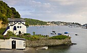 Looking across Fowey estuary to Polruan from the ferry landing point at Bodinnick, Cornwall, England, United Kingdom, Europe