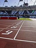 The finishing line of the athletics track inside The Olympic Stadium, London, England, United Kingdom, Europe