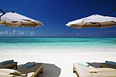 Deck chairs and tropical beach, Maldives, Indian Ocean, Asia