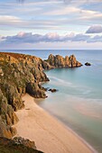 Pednvounder Beach and Logan Rock from Treen Cliff, Treen, Porthcurno, Cornwall, England, United Kingdom, Europe