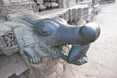 Crocodile holding fish, carved out of green stone, Konarak Sun temple detail, UNESCO World Heritage Site, Konarak, Orissa, India, Asia