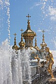 Golden statues and fountains of the Grand Cascade at Peterhof Palace, St. Petersburg, Russia, Europe