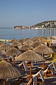 View of Budva Old Town and Beach, Budva Bay, Montenegro, Europe