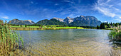 Panorama from lake Schmalensee with Karwendel range, lake Schmalensee, Werdenfelser Land, Karwendel range, Upper Bavaria, Bavaria, Germany