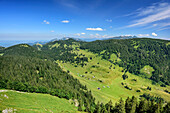 Laubenstein range and Oberwiesenalm, from Hochries, Chiemgau Alps, Upper Bavaria, Bavaria, Germany