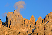 Pala range in alpenglow with Cima del Focobon, Campanile del Focobon and Torre Quattro Dita, Pala range, Dolomites, UNESCO World Heritage Dolomites, Trentino, Italy