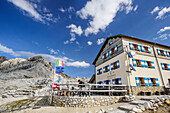 Hut Rifugio Rosetta, Pala range, Dolomites, UNESCO World Heritage Dolomites, Trentino, Italy