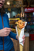 snack, street food, fried food, prawns, vegetables, paper cone, take-away, Friggitoria, Campania,  Naples, Italy