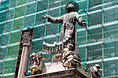 scaffolding, construction site, church San Paolo Maggiore, statue, Saint Paul, old town, Naples, Italy