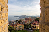 View above Naples from Castel Sant'Elmo, panorama, coast, islands, fortress walls, villa, Campania, Naples, Napoli, Tyrrhenian Sea, Bay of Naples, Italy