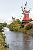 twin windmills, smock windmills, Greetsiel, Lower Saxony, Germany