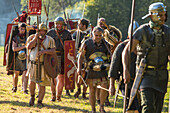 visitors an Roman soldiers, Kalkriese Museum, exhibition, near Bramsche, Lower Saxony, Germany