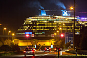 cruise ship in a channel above the Autobahn 31 near Leer, night shot, Lower Saxony, Germany