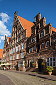 Lueneburg, Altstadt, Staffelgiebel, Stufengiebel, norddeutsche Backsteingotik, Gotik, Renaissance, Restaurants, Niedersachsen, Deutschland