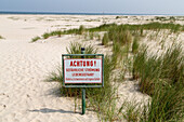 warning sign, beach, sand dunes, Spiekeroog, East Frisian Island, Lower Saxony, North Sea, Germany