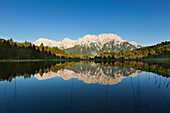 Luttensee with reflection, view to Karwendel, near Mittenwald, Werdenfels region, Bavaria, Germany