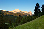 Wettersteingebirge with Alpspitze, Zugspitze and Waxenstein, near Garmisch-Partenkirchen, Werdenfels region, Bavaria, Germany
