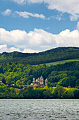 View over Laacher See to Maria Laach monastery, Eifel, Rhineland-Palatinate, Germany