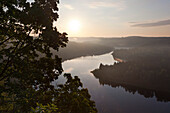 Sunrise over Saale sinuosity at Saale barrier lake, nature park Thueringer Schiefergebirge / Obere Saale,  Thuringia, Germany