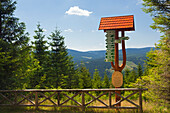 Wegmarkierung am Goethe-Wanderweg zum Kickelhahn bei Ilmenau, Naturpark Thüringer Wald, Thüringen, Deutschland