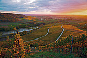 View from the Stollberg over vineyards towards Oberschearzach, Sunset, Steigerwald, Markt Oberschwarzach, Unterfranken, Bavaria, Germany, Europe