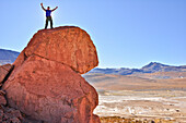 Young woman on a rock enjoys view at sunset, geysir field El Tatio, Atacama desert, National Reserve, Reserva Nacional Los Flamencos, Region de Antofagasta, Chile, South America