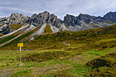 signpost near Adolf Pichler hut with mountain range of Kalkkögel with Schlicker Seespitze, Grinzens, Stubai valley, Hinteres Oberbergtal, Stubai Alps, Tyrol, Austria, European Alps, Europe