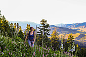 Woman hikes through a field of wildflowers in Montana's Gallatin National Forest