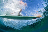Underwater close-up of a surfer riding a wave in maldives