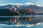 The Assumption of Mary Pilgrimage Church on Lake Bled and Bled Castle, Bled, Slovenia, Europe