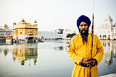 Portrait of guard, Harmandir Sahib (Golden Temple), Amritsar, Punjab, India, Asia