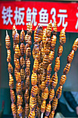 Larvae on skewers for sale at Dong Hua Men night market, Beijing, China, Asia