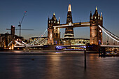 Evening view of Tower Bridge, the River Thames and the Shard building, London, England