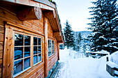 Winter alpine scenery with mountains, snow and a pine forest with Brekke rental cabins, Ortnevik, Sognefjord, Norway