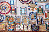 'Colourful souvenir plates and frames; Chania, Crete, Greece'
