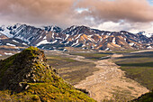 Evening scenic view of Polychrome Pass and the Plains of Murie, Denali National Park, Interior Alaska