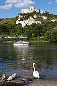 small private cruise boat liberte seine on the river in front of the medieval fortress of chateau gaillard built by the english king richard the lionhearted in 1198, les andelys, eure (27), normandy, france