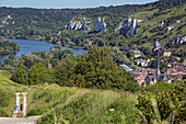 panorama of chateau gaillard on the seine, the white chalk cliffs and the village of le petit andely, les andelys, eure (27), normandy, france