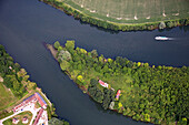 village of porte-joie and the ile aux boeufs, aerial view of navigation in the seine valley, eure (27), normandy, france