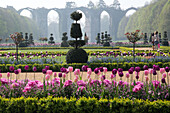 the spring tulips and vauban aqueduct, french-style gardens created in 2013 following the original plans by andre le notre commissioned by louis xiv for francoise d'aubigne, chateau de maintenon, eure-et-loir (28), france