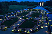 illumination at nightfall of the french-style gardens by andre le notre, chateau de maintenon, eure-et-loir (28), france