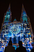 chartres in lights festival on the cathedral's royal door, chartres, eure-et-loir (28), france