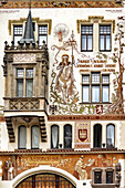 the storch house, facade ornamented with an equestrian portrait of saint wenceslas, patron saint of czechoslovakia, on the square in the old city, prague, bohemia, czech republic